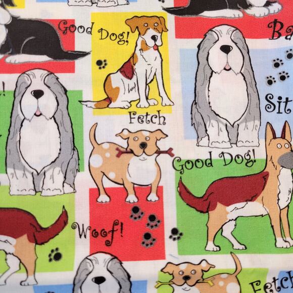 Cotton Fabric Cartoon Dogs Woof Bark Sit Fetch 17x44" Multicolor Breeds - Picture 1 of 12